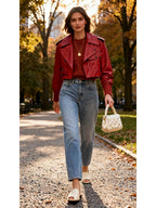 Loose Cropped Leather Jacket Motorcycle worn by a model