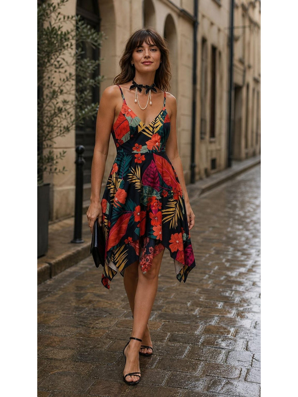 V-neck Chiffon Dress worn by a model