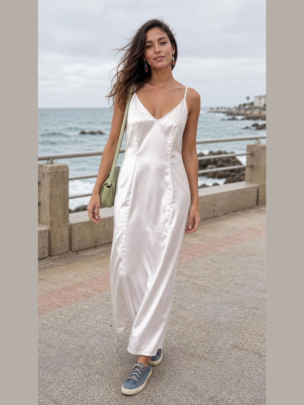 V-neck Harness Dress worn by a model