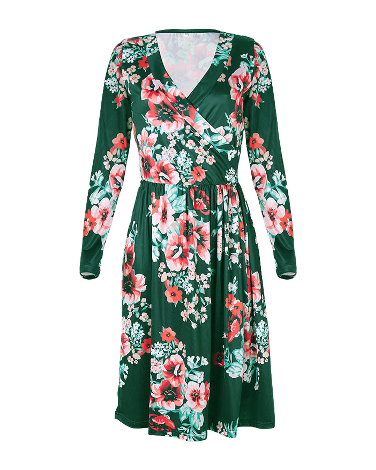Printed Long Sleeve V-neck Pocket Dress photo 5