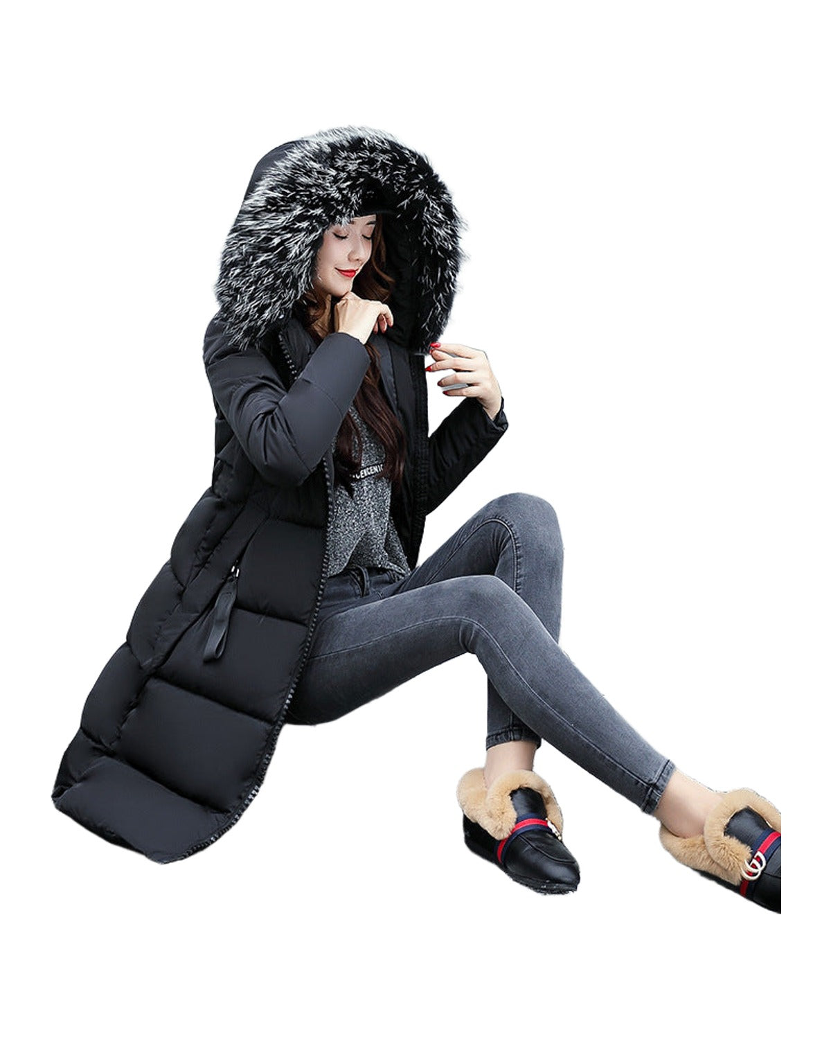 Long Cotton Jacket Hooded Big Fur Collar Down photo 6