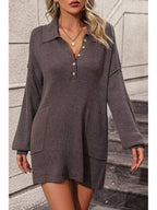 Collared Neck Long Sleeve Sweater Dress Pockets
