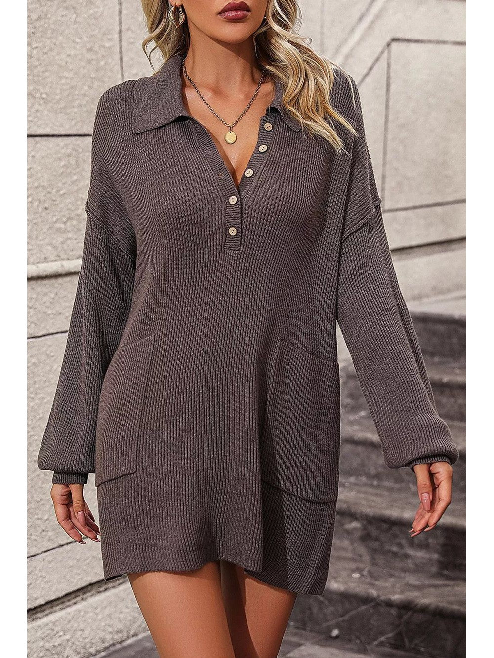 Collared Neck Long Sleeve Sweater Dress Pockets