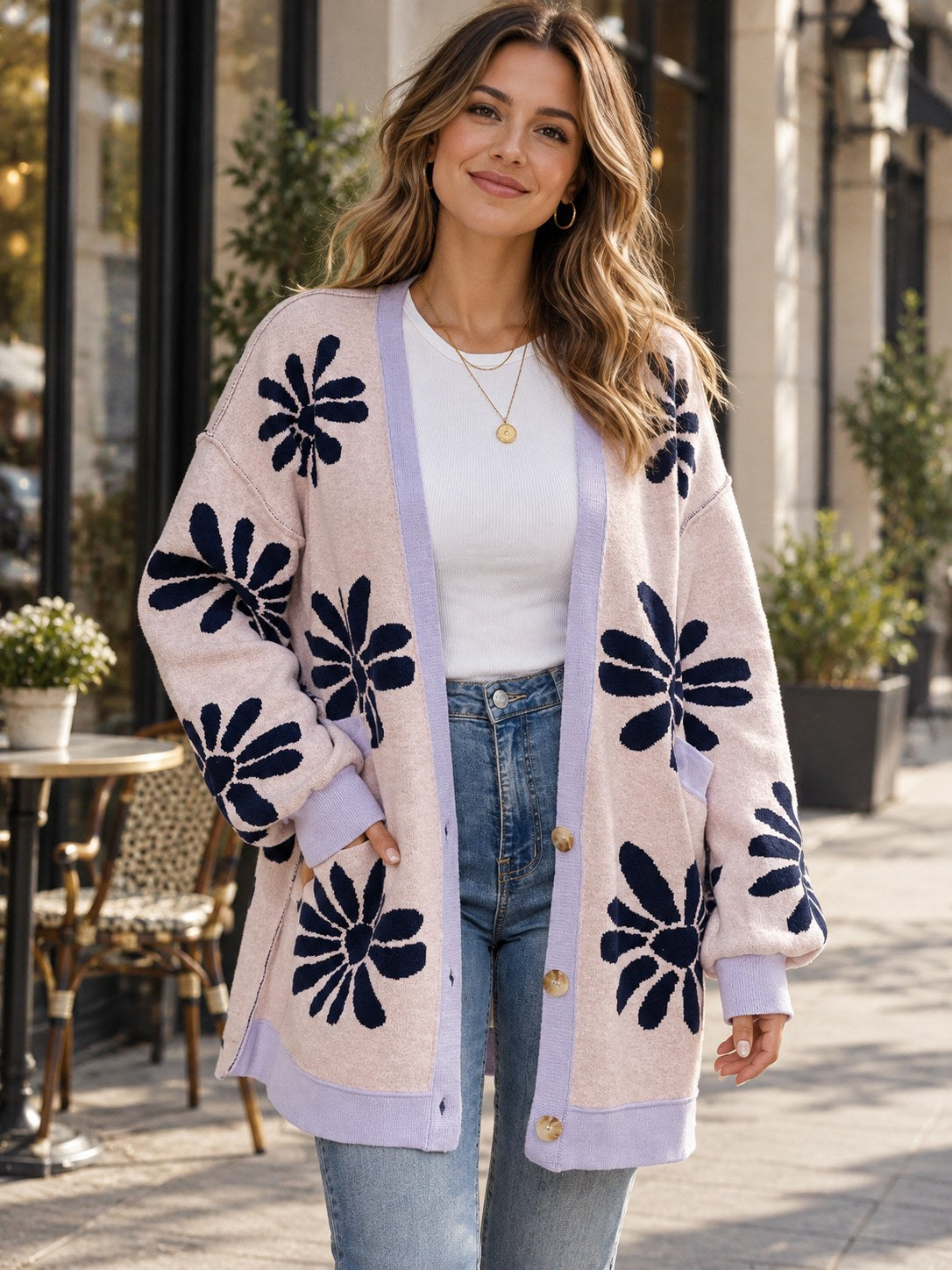 Contrast Dropped Shoulder Long Sleeve Cardigan styled on a model