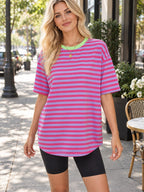 Contrast Striped Round Neck T-shirt styled on a model