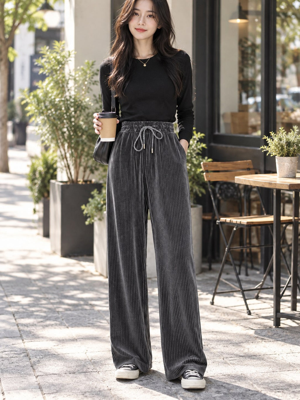 Corduroy Wide-leg Pants styled on a model