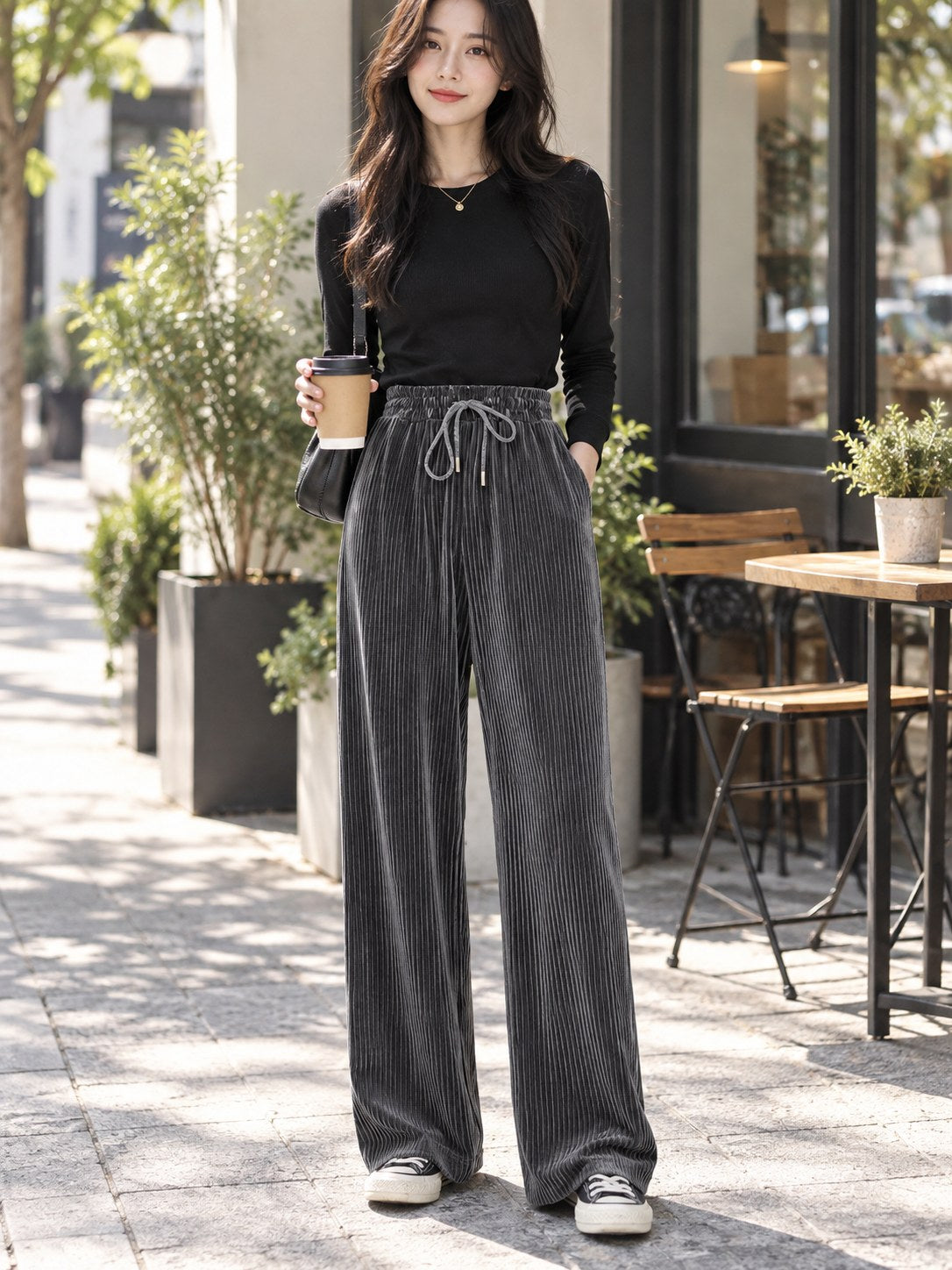 Corduroy Wide-leg Pants styled on a model