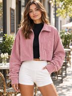 Corduroy Zip Up Cropped Jacket styled on a model