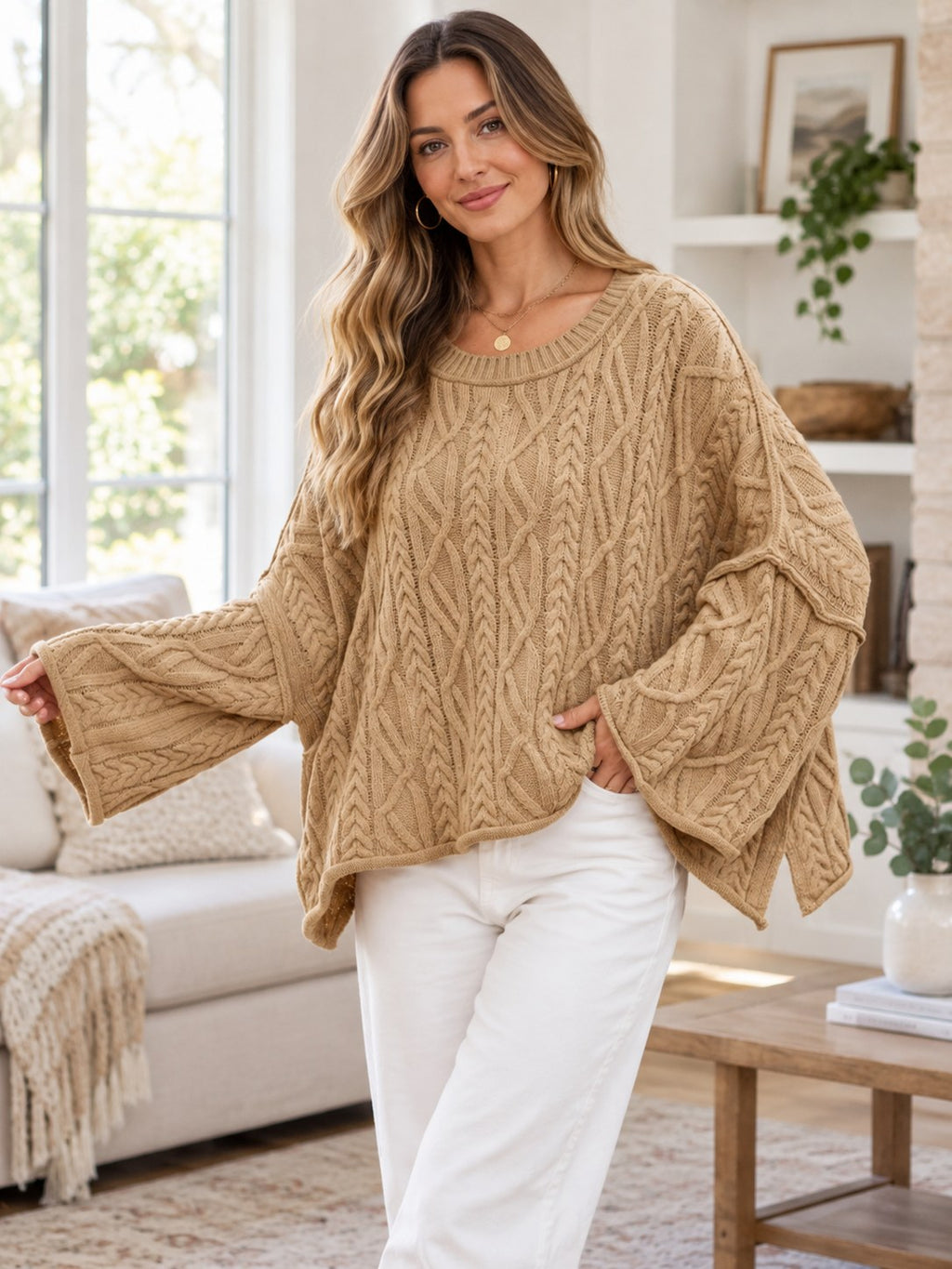 Cozy Cable Knit Drop Shoulder Oversize Sweater styled on a model