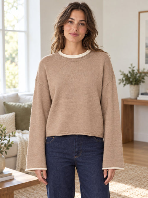 Crew Neck Dropped Shoulder Sweater styled on a model