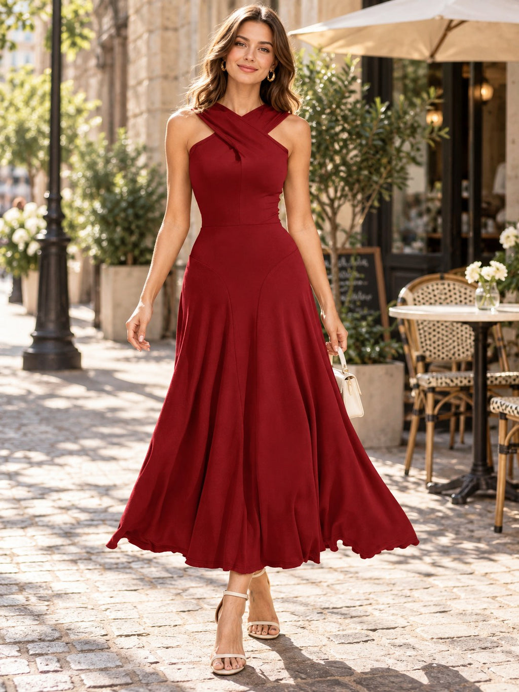 Crisscross Halter Neck A-line Midi Dress styled on a model