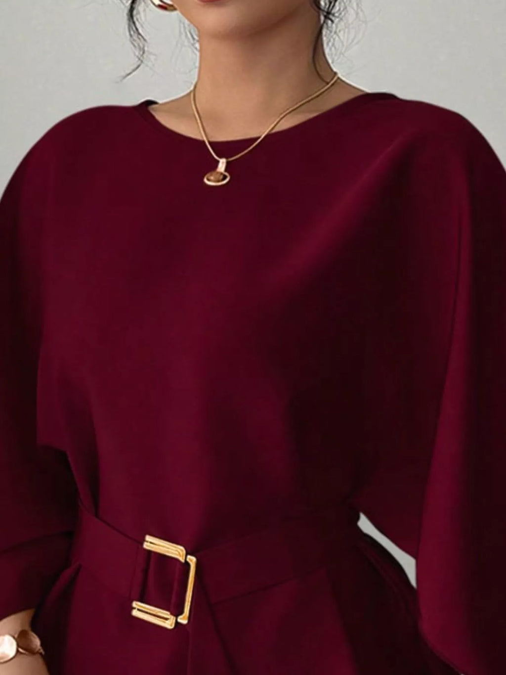 Round Neck Belt Batwing Sleeve Blouse (14)