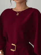 Round Neck Belt Batwing Sleeve Blouse (14)