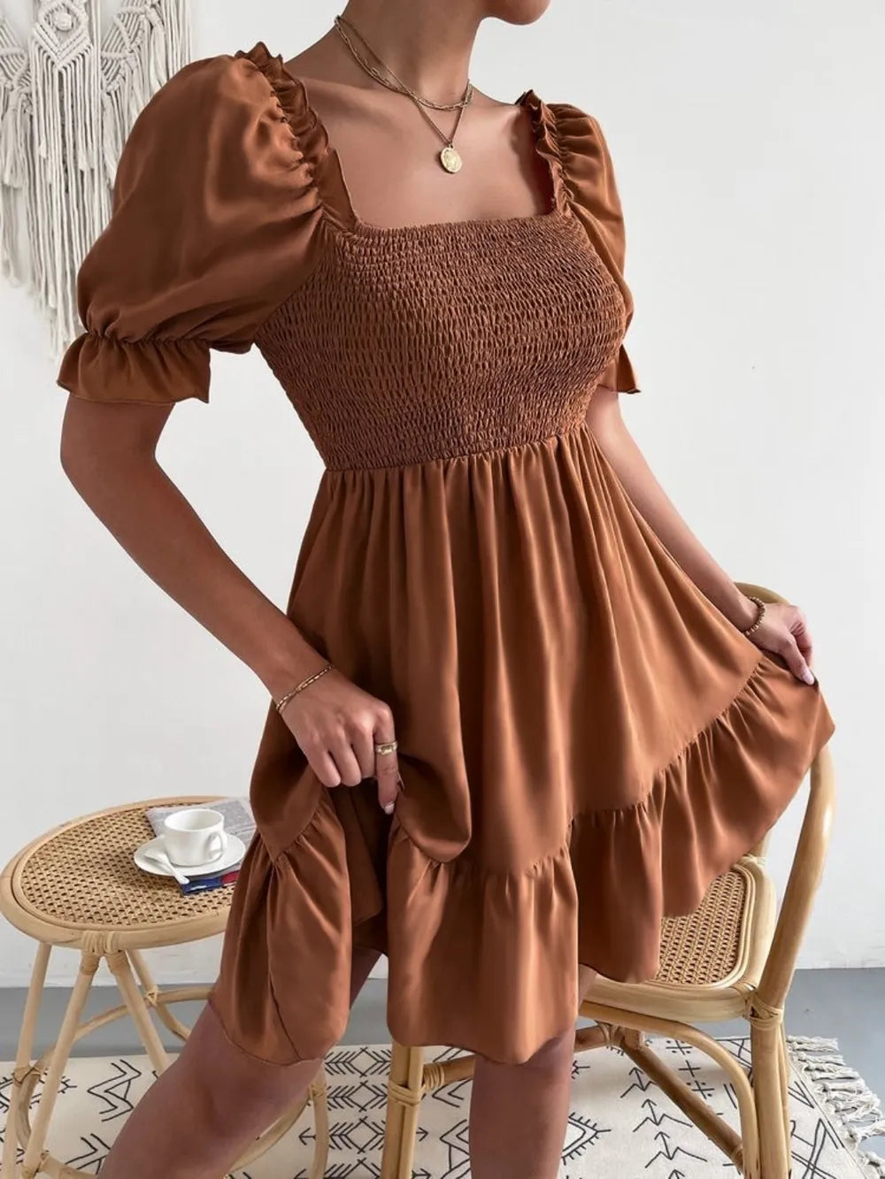 Smocked Square Neck Short Sleeve Dress (15)