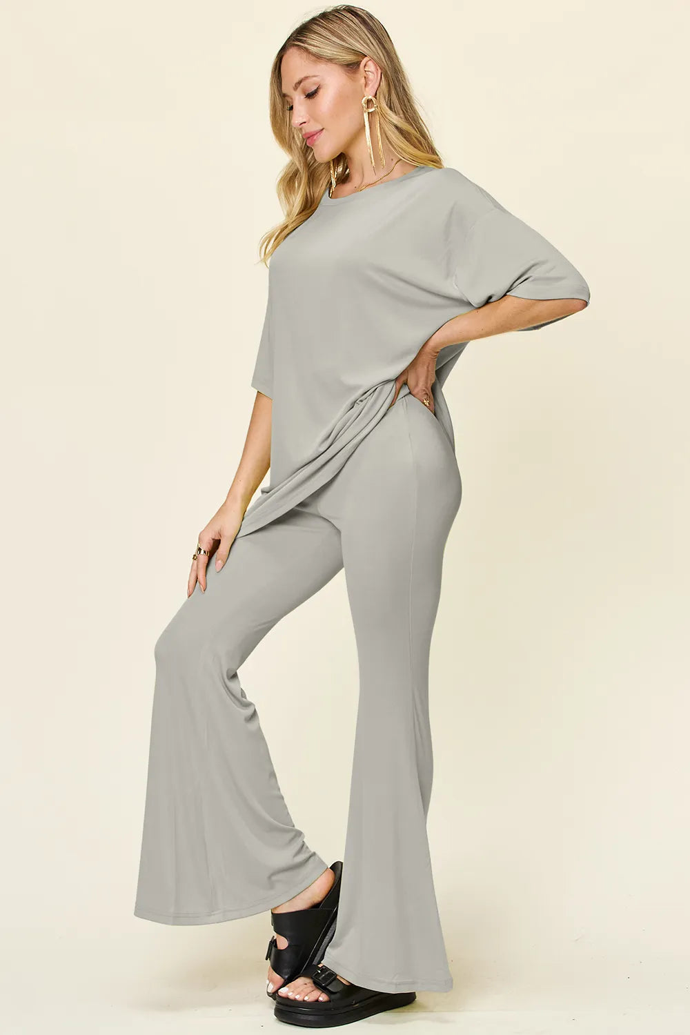 Full Size Round Neck Drop Shoulder T-shirt Flare Pants Set (19)