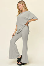 Full Size Round Neck Drop Shoulder T-shirt Flare Pants Set (19)
