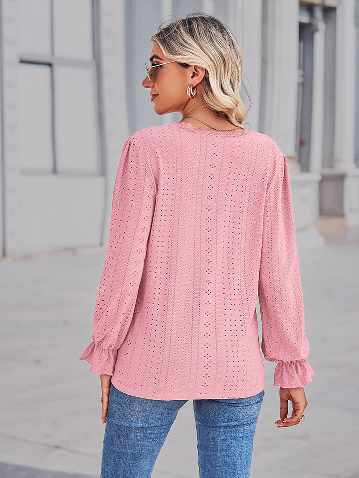 Eyelet V-neck Flounce Sleeve Blouse (6)