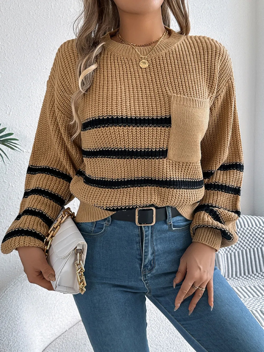 Striped Round Neck Long Sleeve Sweater (17)