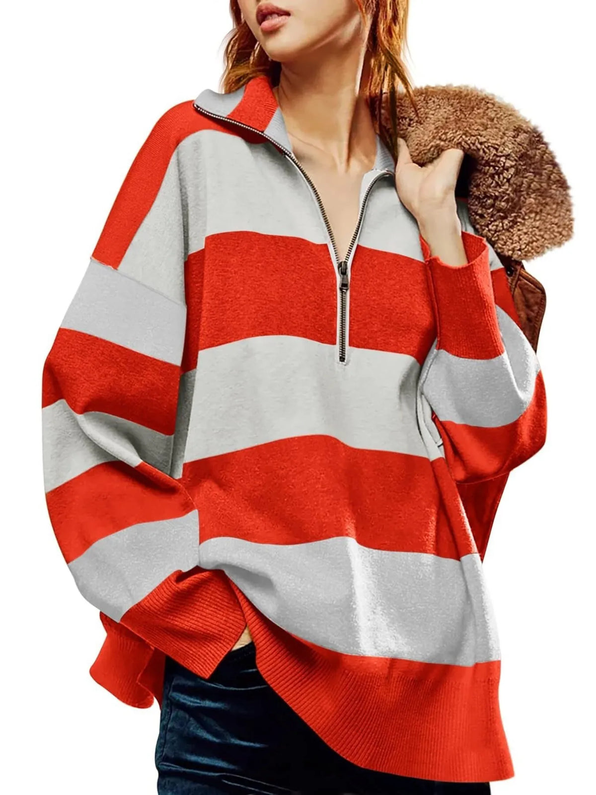 Striped Half-zip Oversized Sweatshirt (5)