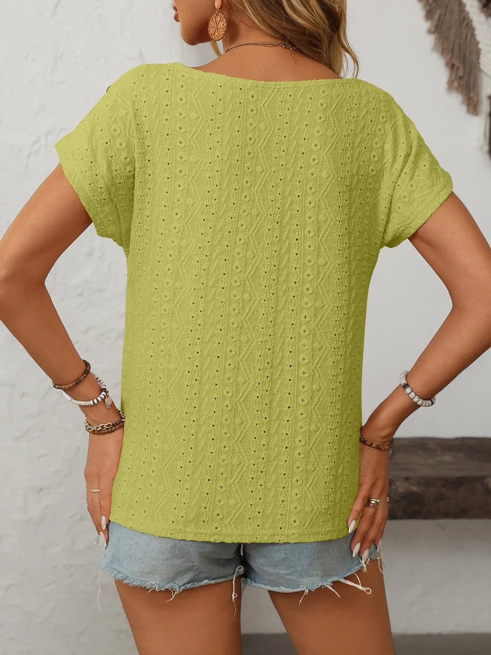 Eyelet Round Neck Short Sleeve Top (36)