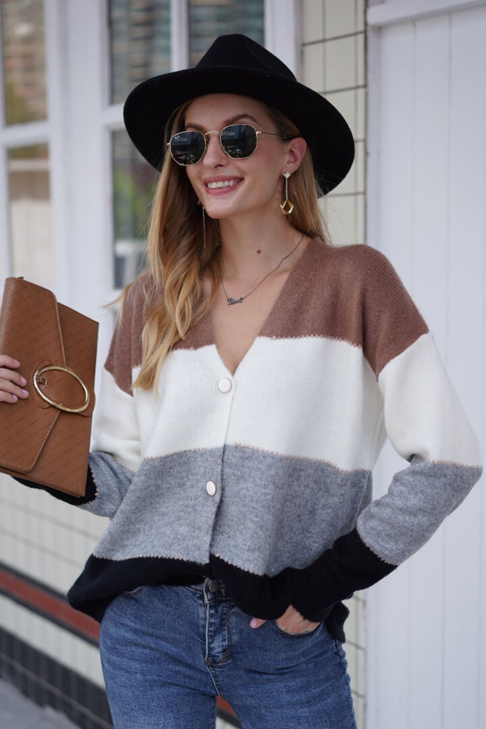 Block V-neck Button Down Cardigan (8)