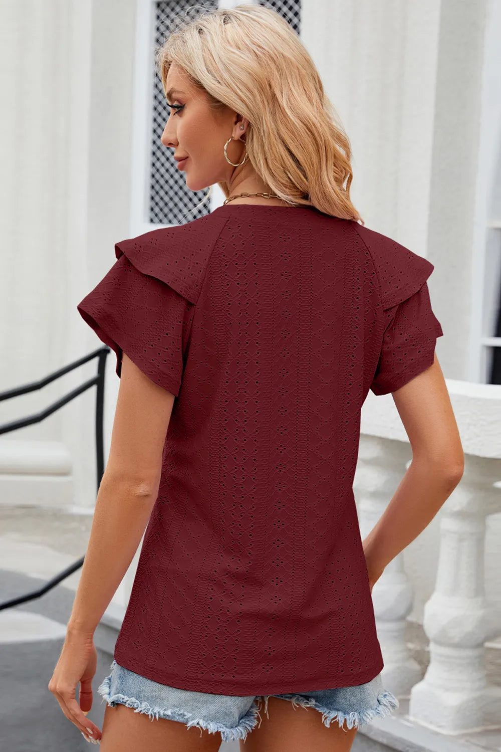 Eyelet Notched Flutter Sleeve T-shirt (20)