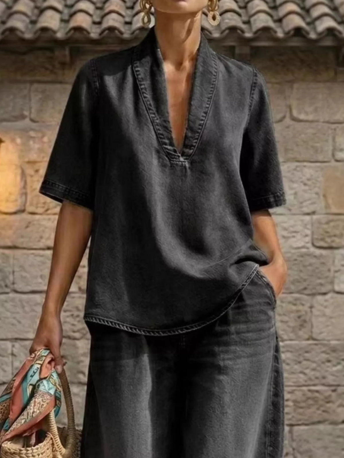 Full Size Half Sleeve Top Wide Leg Pants Set Plus (8)
