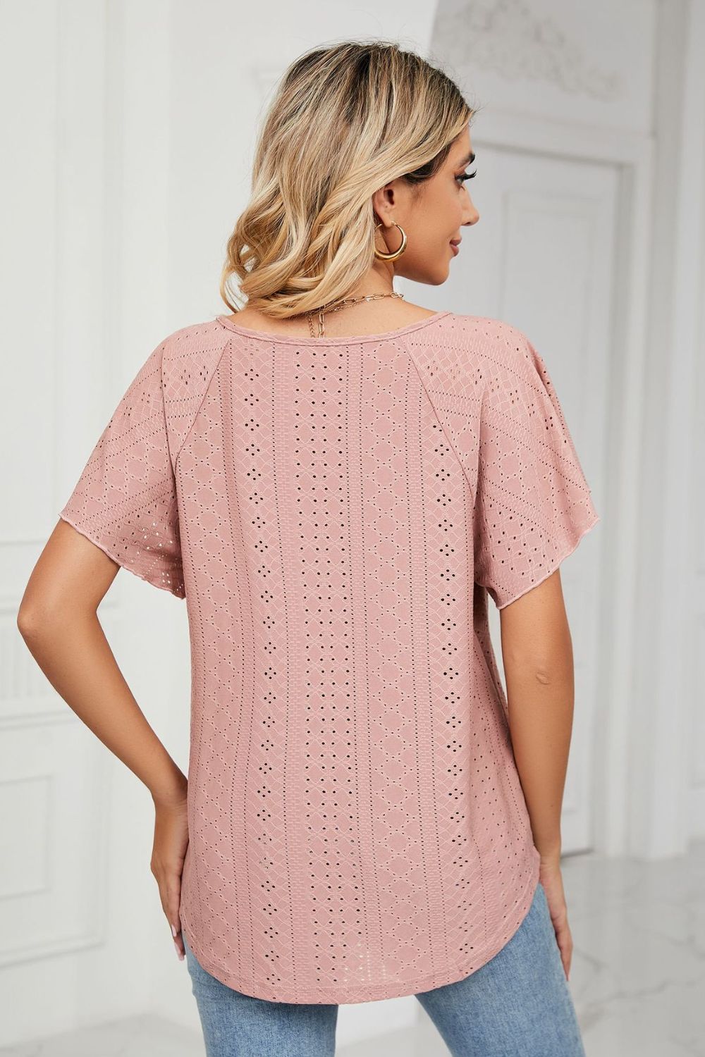 Eyelet Tie-neck Flutter Sleeve Top (2)