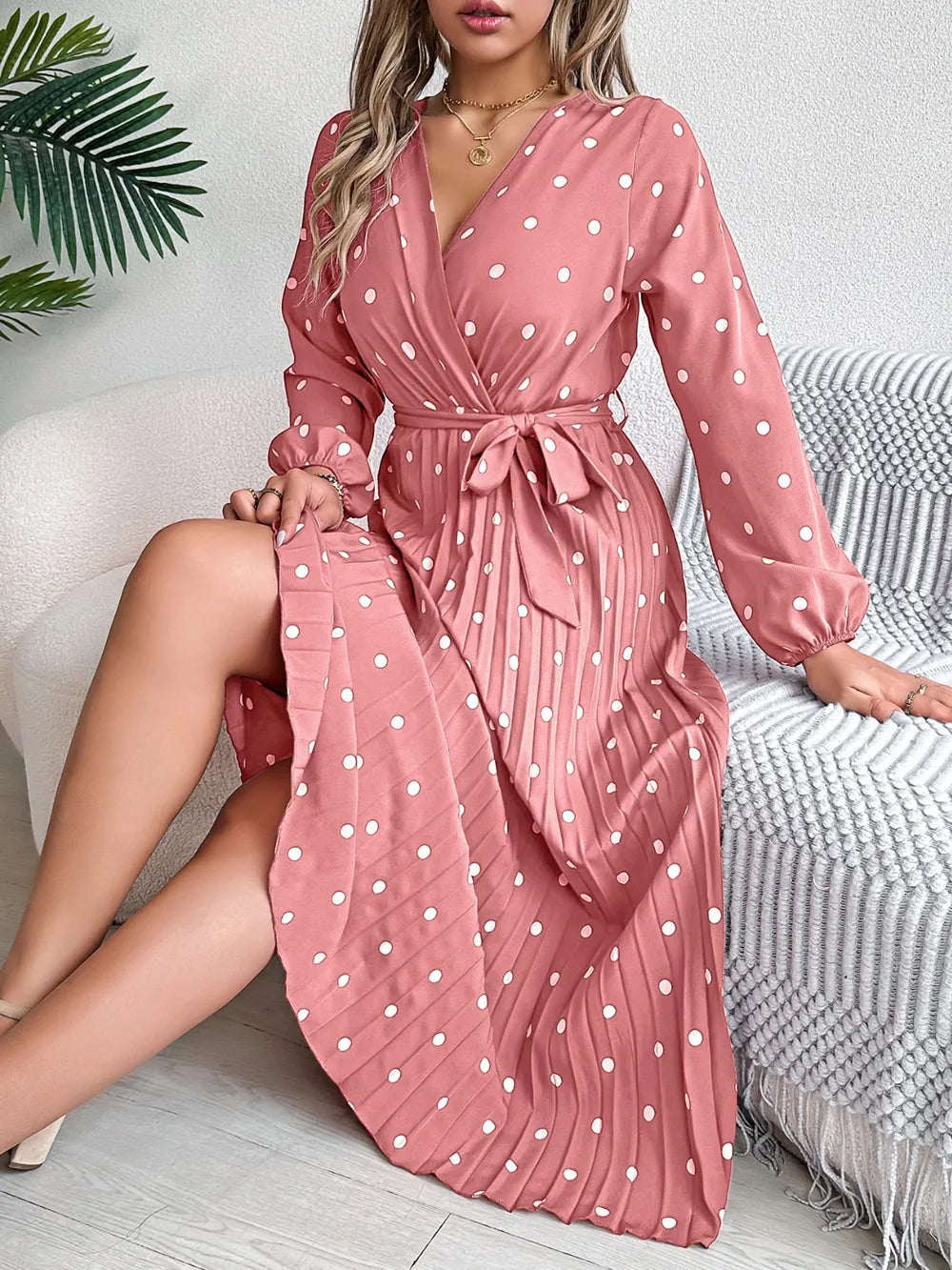 Tied Polka Dot Long Sleeve Midi Dress (2)