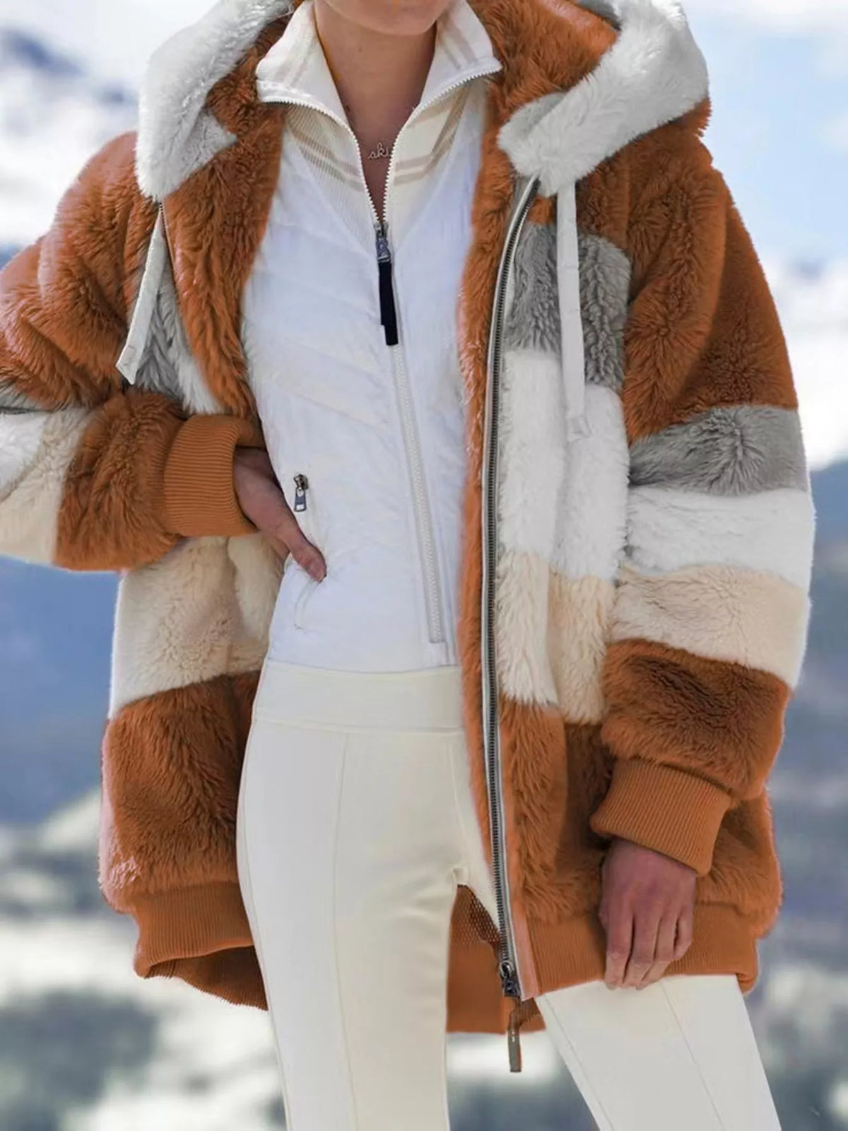 Full Size Fuzzy Zip Up Hooded Outerwear Plus (15)