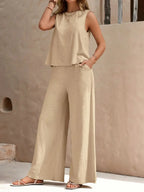 Round Neck Sleeveless Top Wide Leg Pants Set