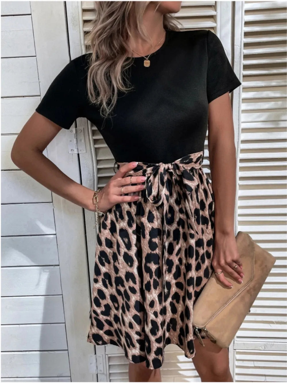 Tied Front Contrast Leopard Short Sleeve Mini Dress (11)