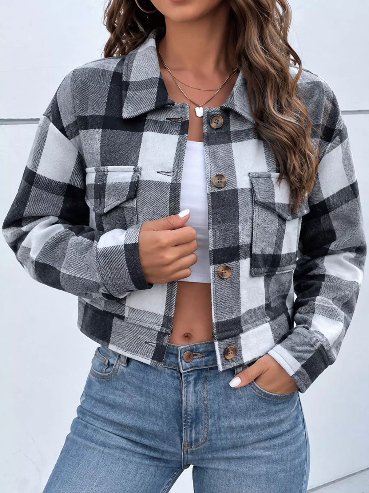 Plaid Button-front Cropped Jacket (43)