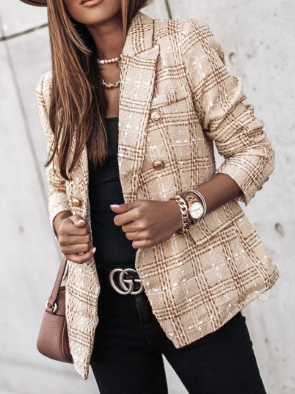 Full Size Plaid Tweed Double-breasted Blazer Plus (5)