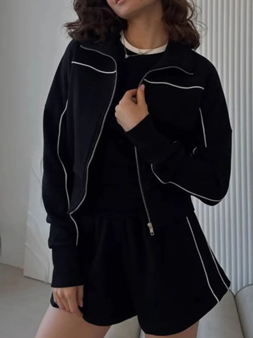 Zip Up Long Sleeve Top Shorts Set (17)