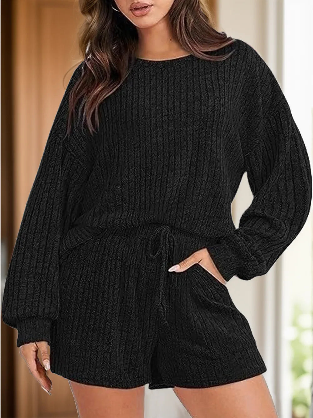 Round Neck Dropped Shoulder Top Shorts Set (7)