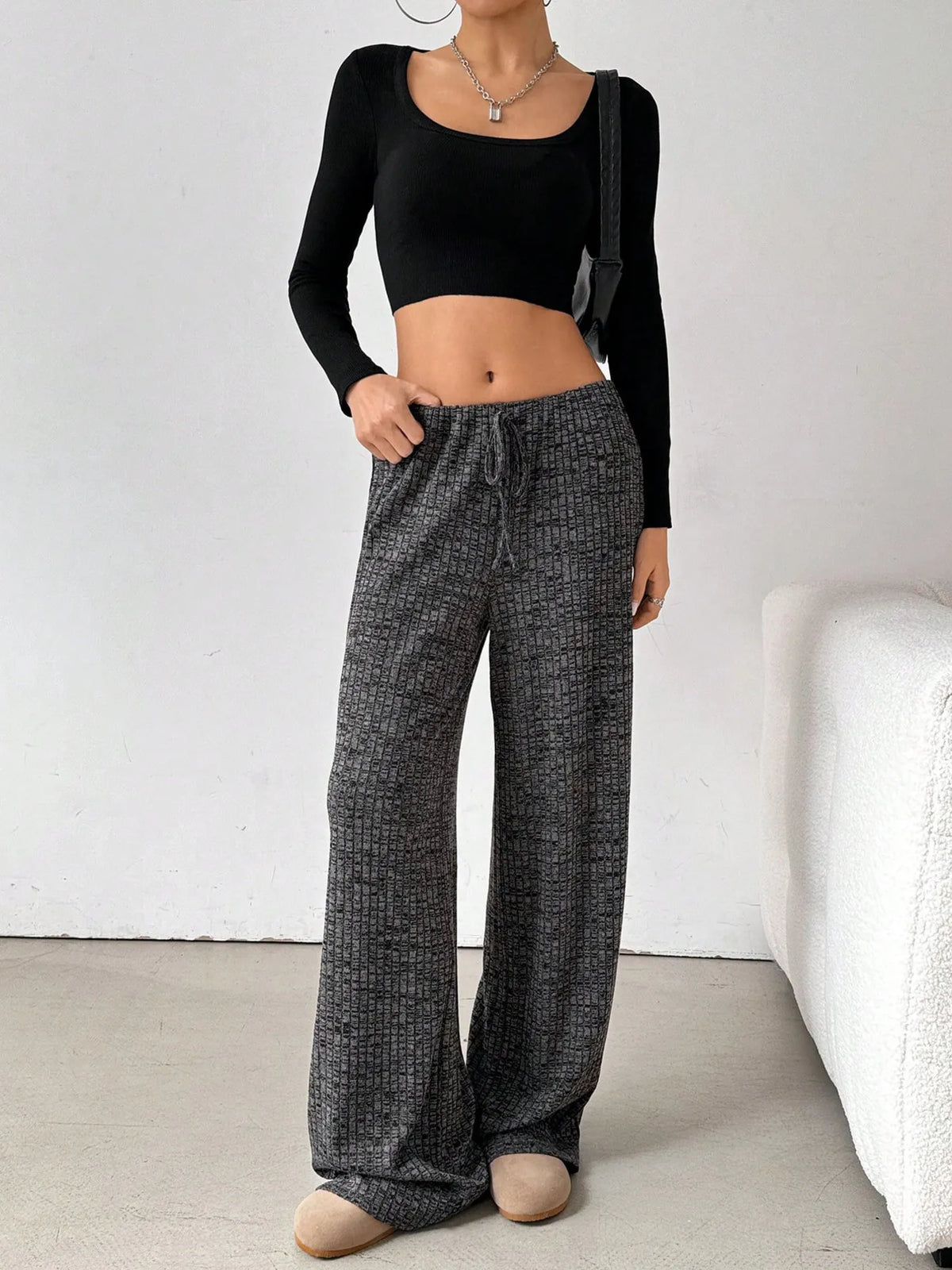 Striped Wide Leg Drawstring Pants (35)