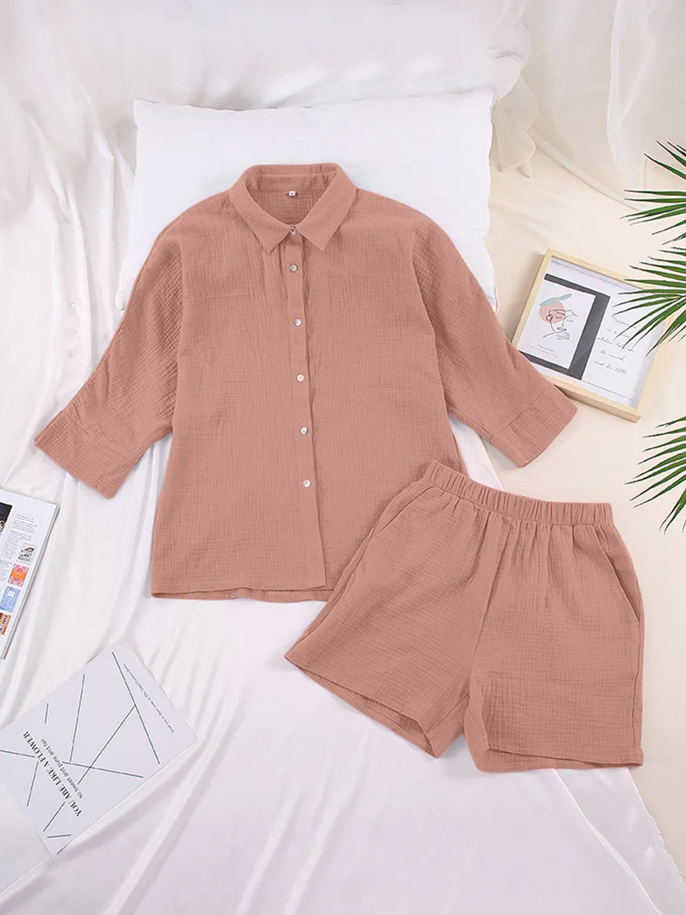 Texture Button Up Shirt Shorts Set (29)
