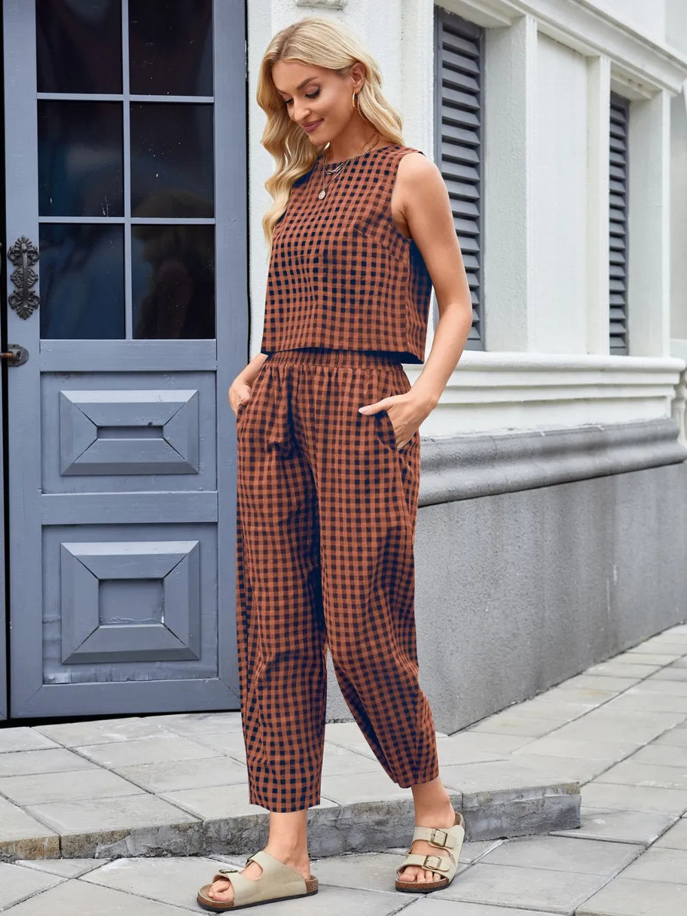 Plaid Sleeveless Top Pants Set (8)