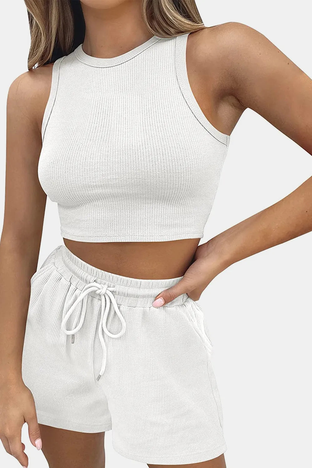 Round Neck Top Drawstring Shorts Set (13)