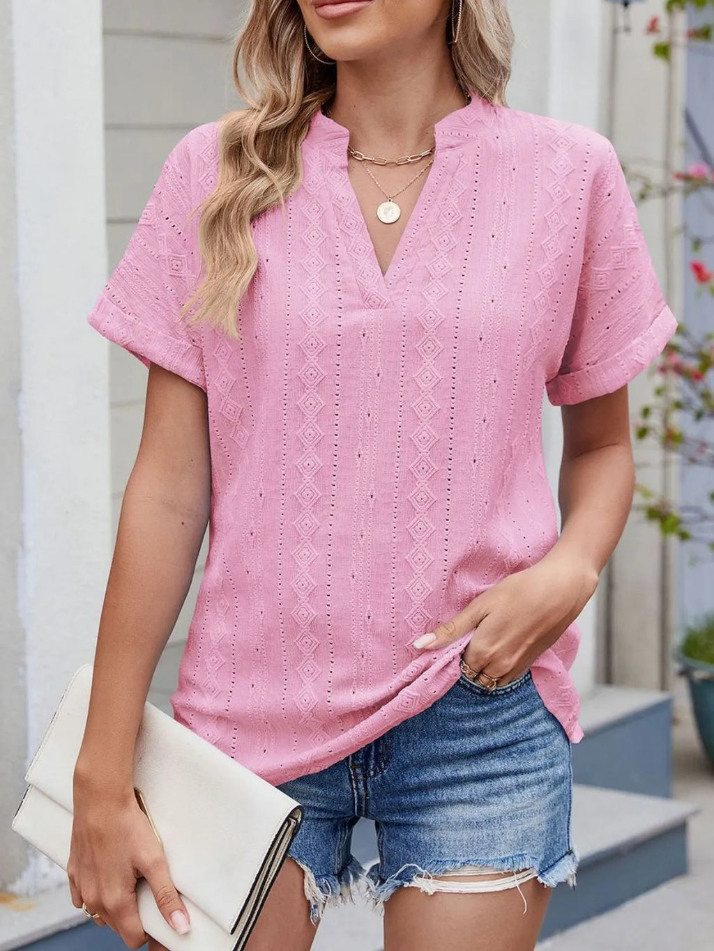Eyelet Notched Short Sleeve Top (19)