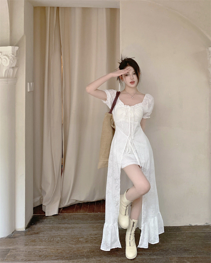 Irregularly Short Sleeve Waist-controlled Dress variant CJLY241324501AZ|CJLY241324502BY|CJLY241324503CX|CJLY241324504DW