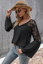 V-neck Spliced Lace Flare Sleeve Top (3)