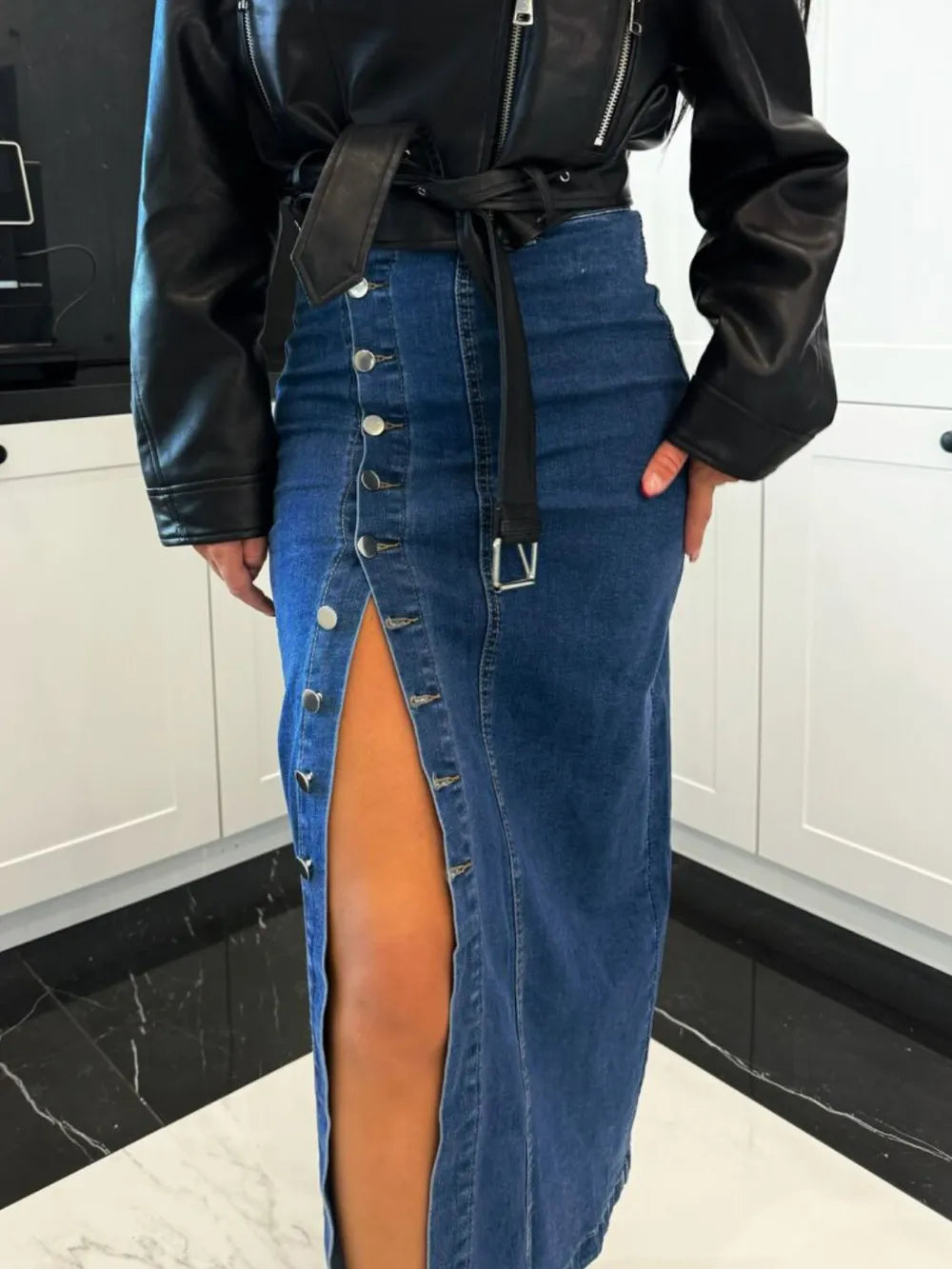 Front Button Slit Midi Denim Skirt (12)