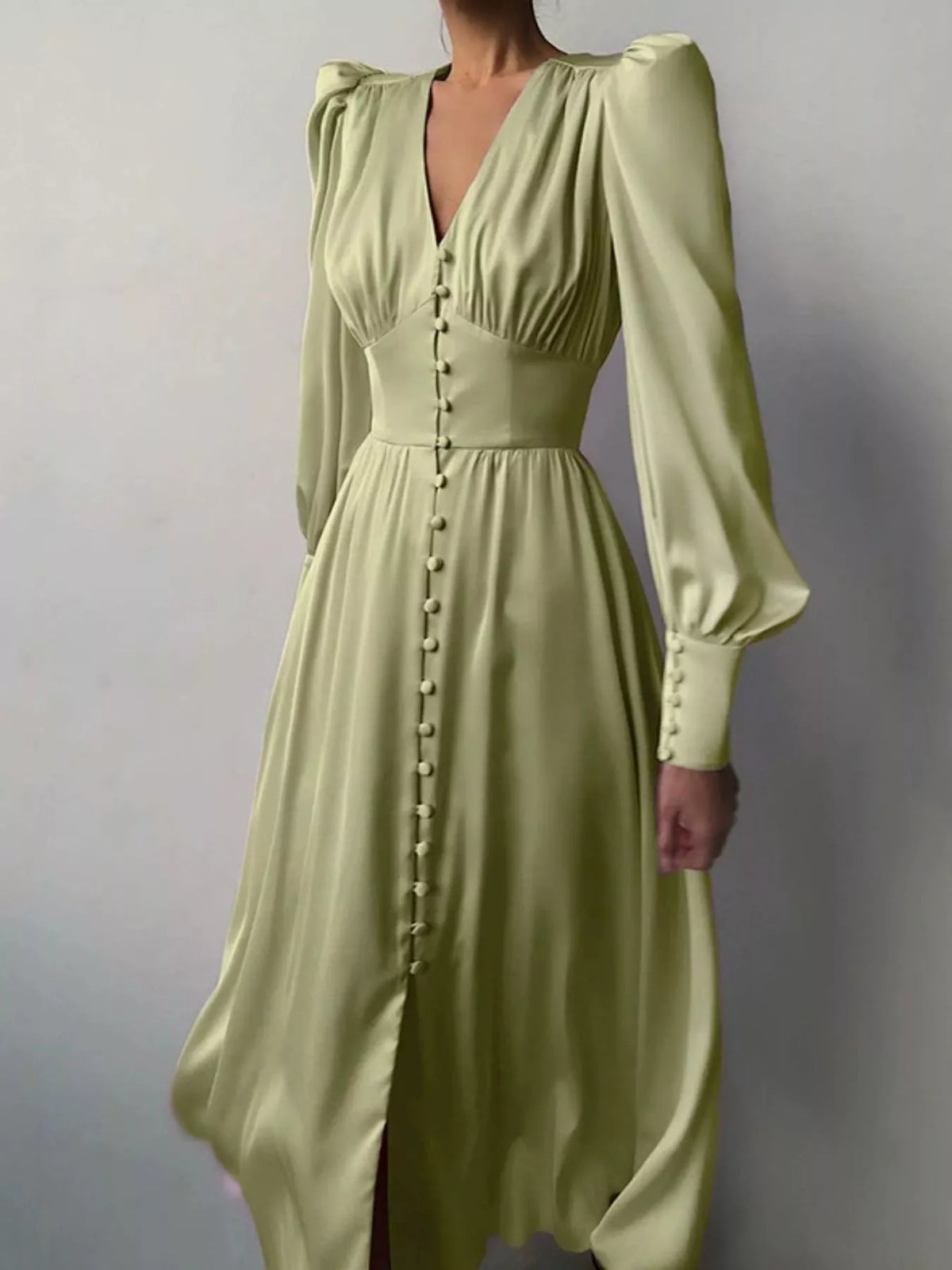 Elegant V-neck Puff Sleeve Button-down Midi Dress (16)