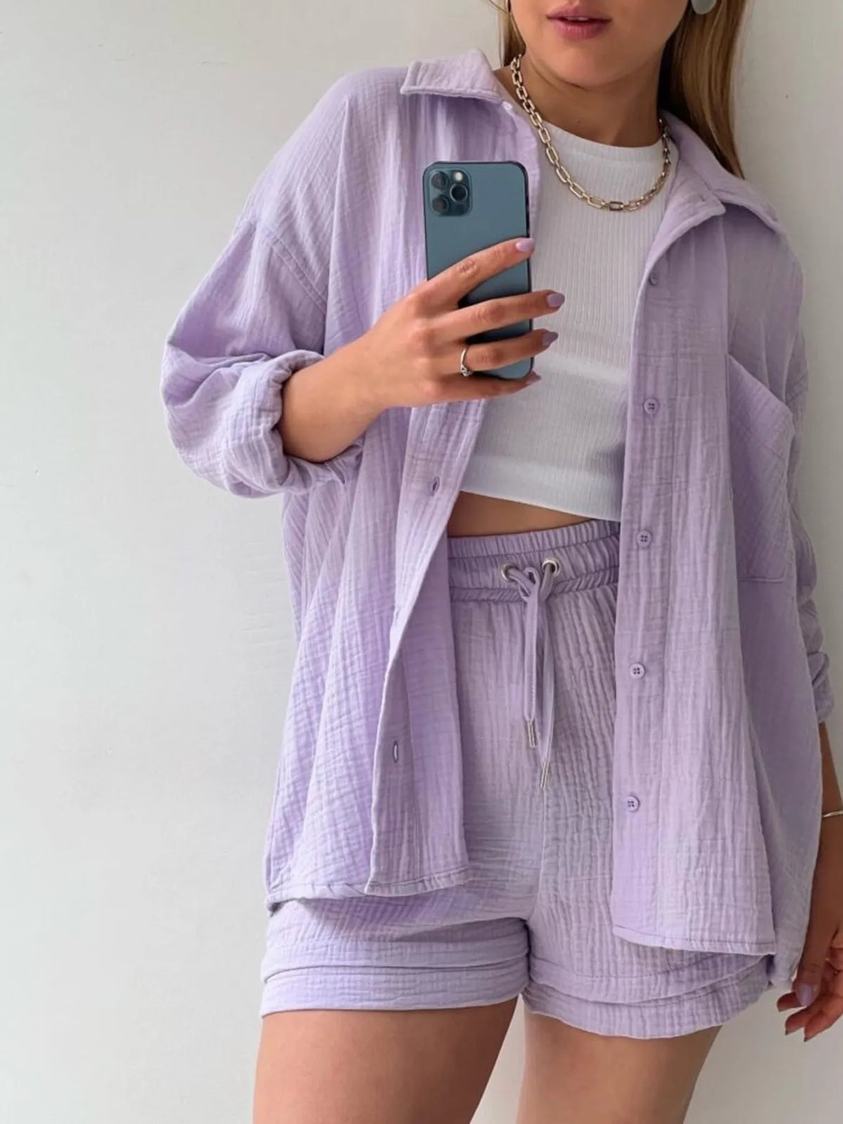 Button Up Shirt Shorts Set (19)