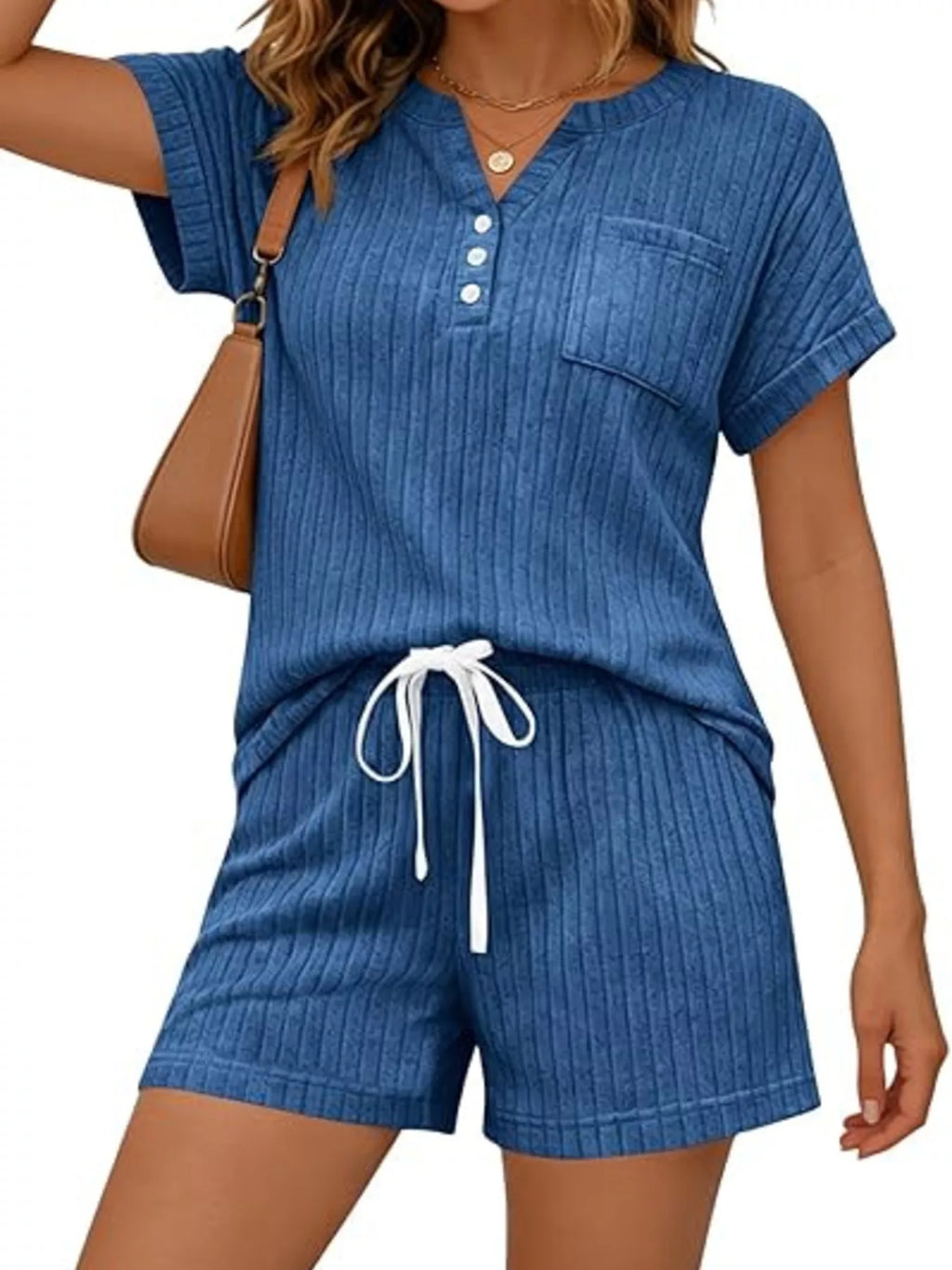 Casual Ribbed Knit Tee Shorts Set (15)