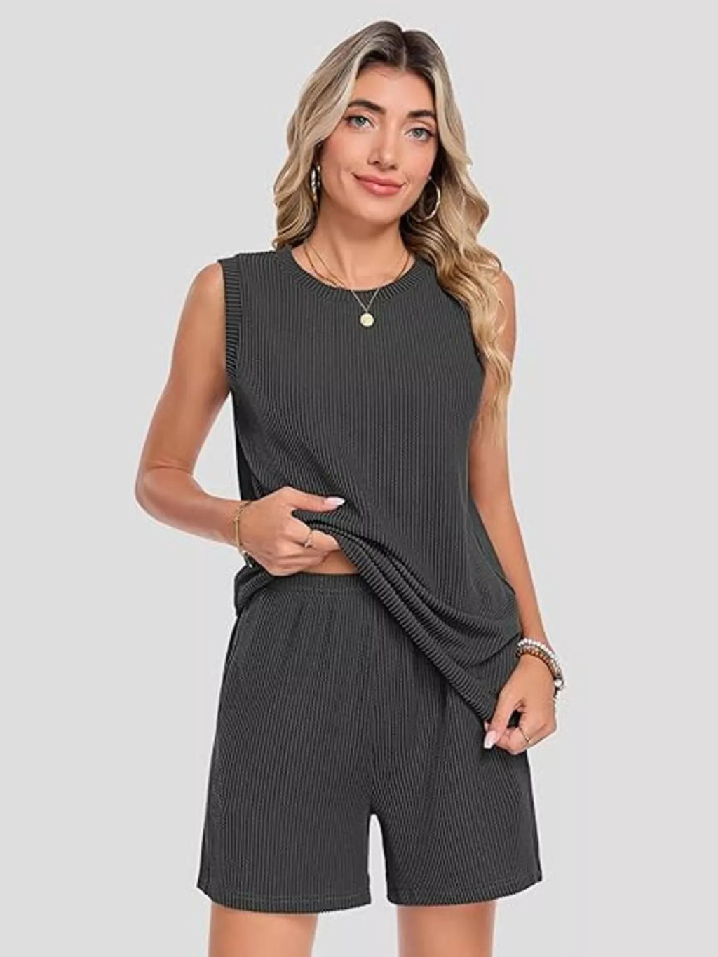 Casual Ribbed Knit Sleeveless Top Shorts Set (12)
