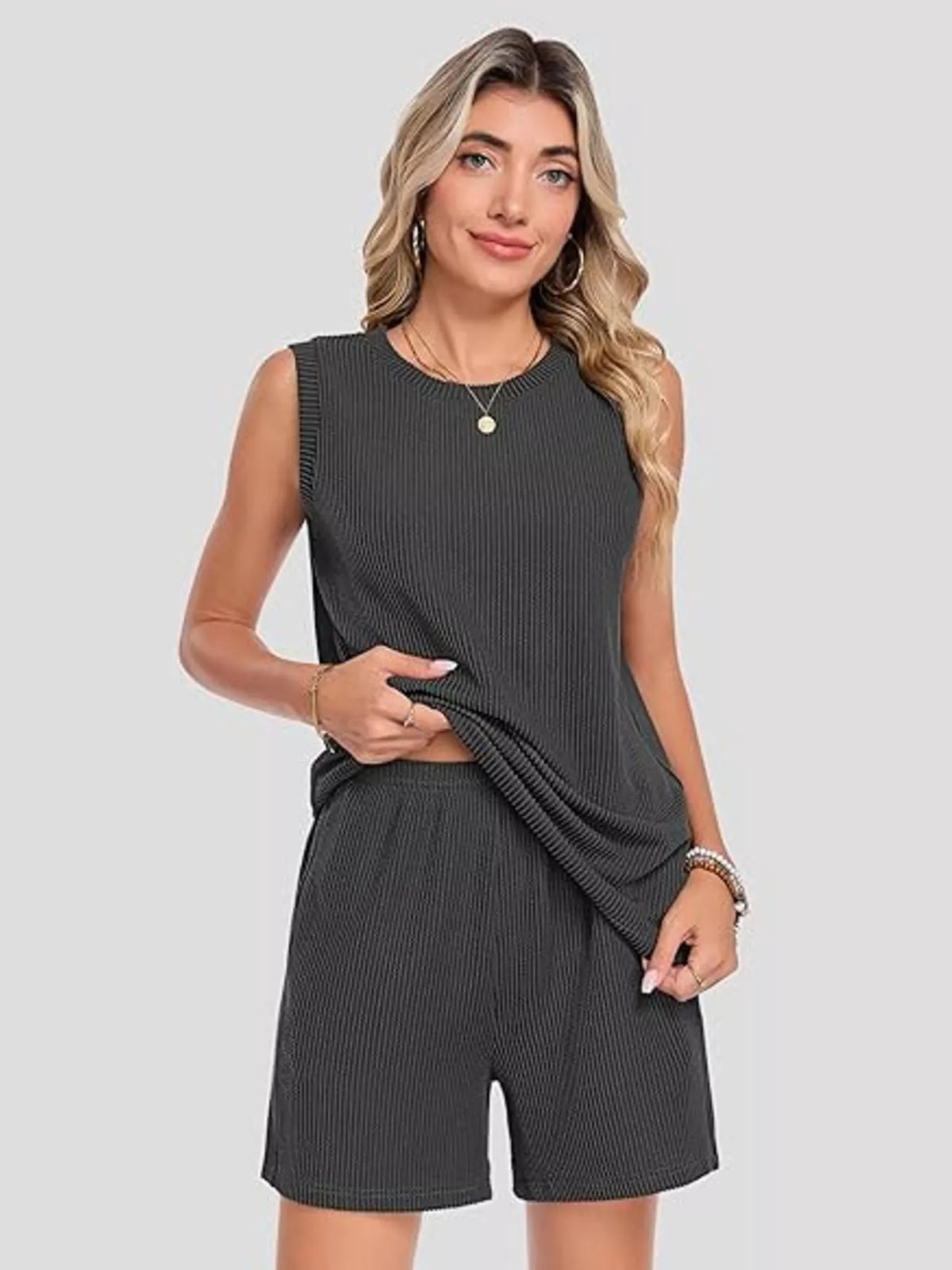 Casual Ribbed Knit Sleeveless Top Shorts Set (12)