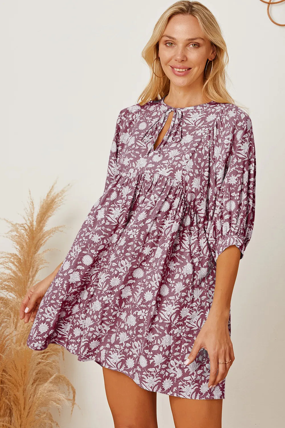 Floral Tie Neck Ruched Babydoll Dress (13)